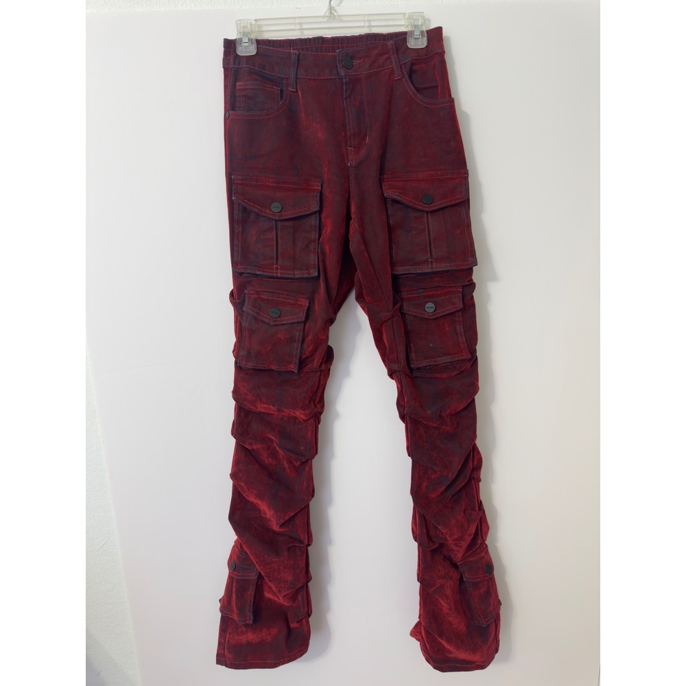 Smoke Rise Stacked Cargo Pants Mens M Red Acid Wash Distressed Grunge Urban Goth